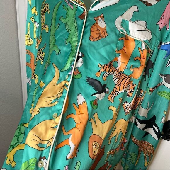 Karen Mabon Turquoise Animal Novelty Print Button Down Pj Top Sz L Boho Indie - Picture 2 of 8